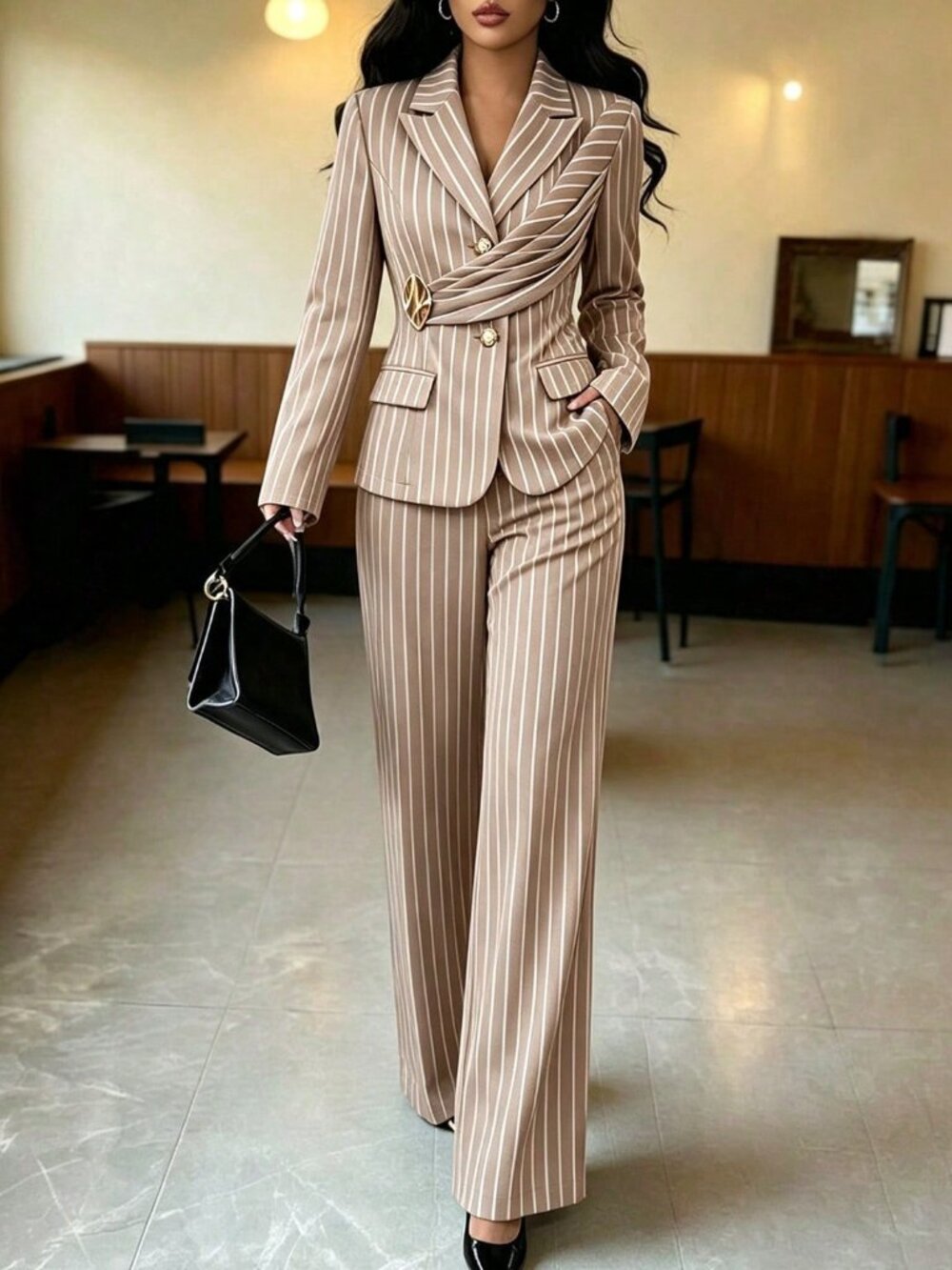 Khaki Elegant Women's Striped Zip Button Pocket Lapel Regular Fit Pants
